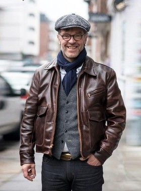 马皮皮衣男欧美复古报童款头层无涂层茶芯马皮古着皮衣男新皮夹克