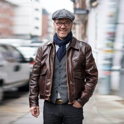 马皮皮衣男欧美复古报童款头层无涂层茶芯马皮古着皮衣男新皮夹克