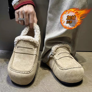 乐福鞋男鞋冬季外穿加绒加厚休闲一脚蹬男士防寒保暖皮面豆豆棉鞋