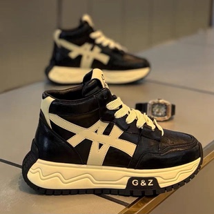 男鞋 青少年皮面运动老爹板鞋 冬季 增高厚底休闲潮鞋 2025新款 高帮鞋