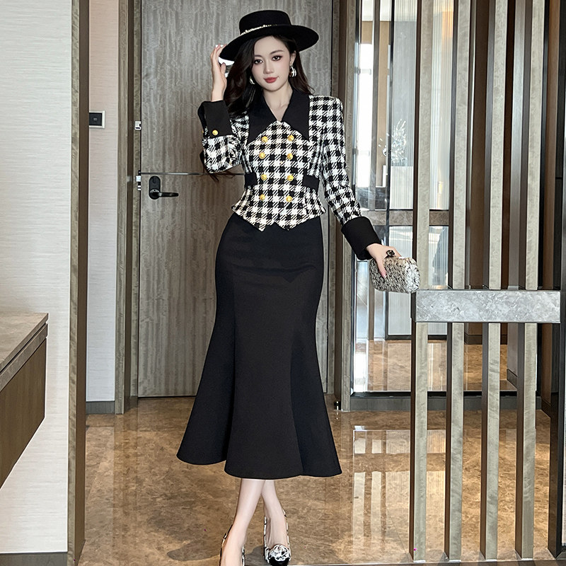 黑白格纹双排扣连衣裙千鸟格优雅设计感长款假两件复古气质晚礼服