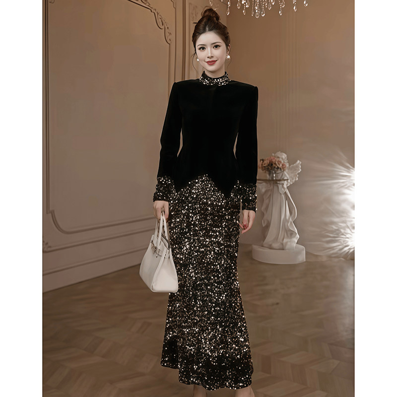 御姐风轻奢气质亮闪闪礼服连衣裙修身显瘦高级感立领黑色鱼尾长裙
