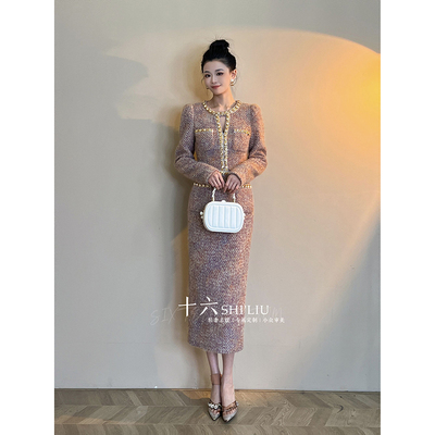 高腰毛呢包臀中长款圆领连衣裙