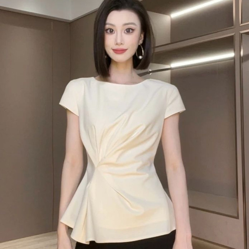 杏色时尚小众短袖显瘦气质小众独特衬衫休闲法式通勤别致雪纺衫