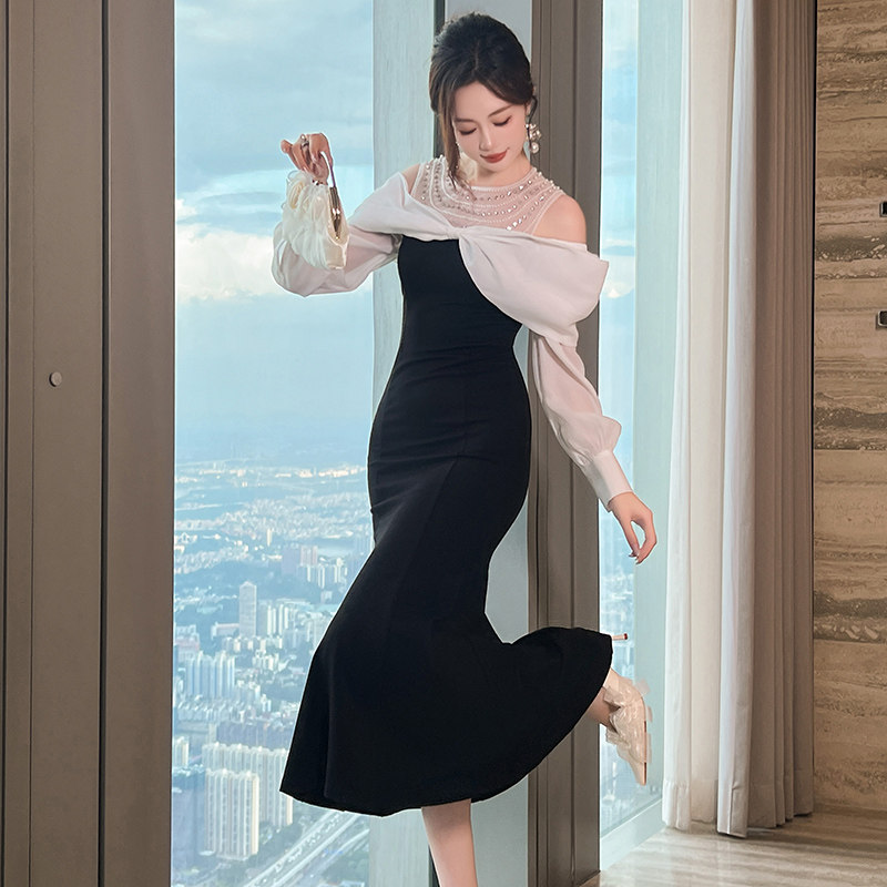 挂脖一字肩蝴蝶结赫本泡泡袖礼服