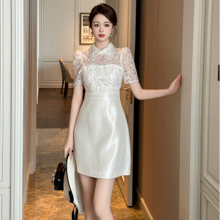 白色短款娃娃领拼接a字连衣裙宴会大方得体收腰显瘦绝美精致短裙