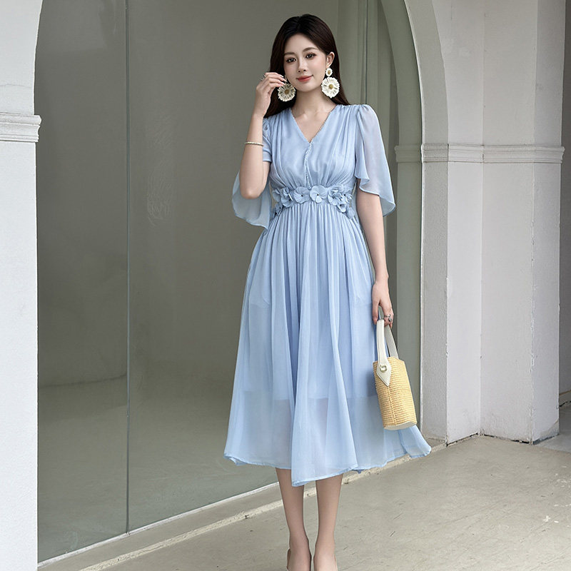 绝美小清新V领连衣裙女