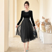 高级party赫本风波点连衣裙高腰显瘦设计感丝绒烫钻网纱大摆裙女