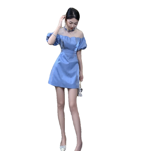 夏季千金风短款一字肩灯笼袖收腰连衣裙女装重工拼接小个子短裙