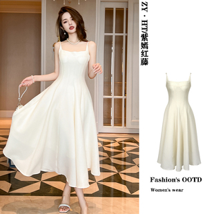 紫嫣红藤法式方领连衣裙女夏桔梗茶歇收腰a字长裙初恋无袖吊带裙