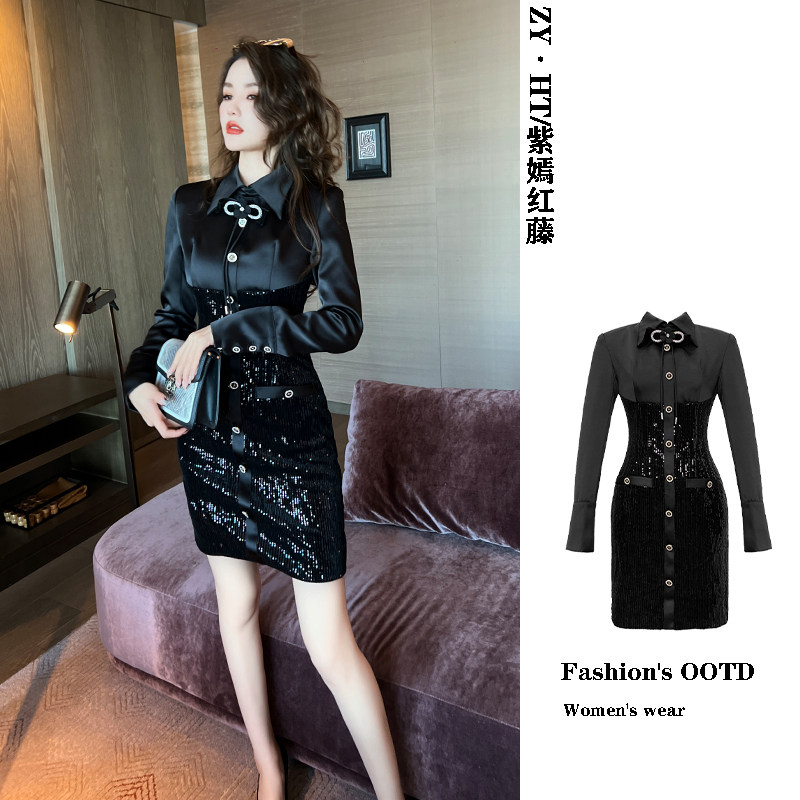 气质衬衫拼接连衣裙2026新款女秋款翻领黑色收腰亮片a字小黑裙子