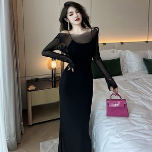 法式赫本风御姐性感连衣裙秋装新款两件套高级感修身显瘦网纱长裙