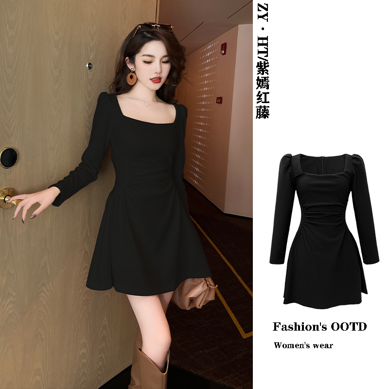 赫本风高级感方领小黑裙2025秋款新款黑色法式收腰长袖a字连衣裙