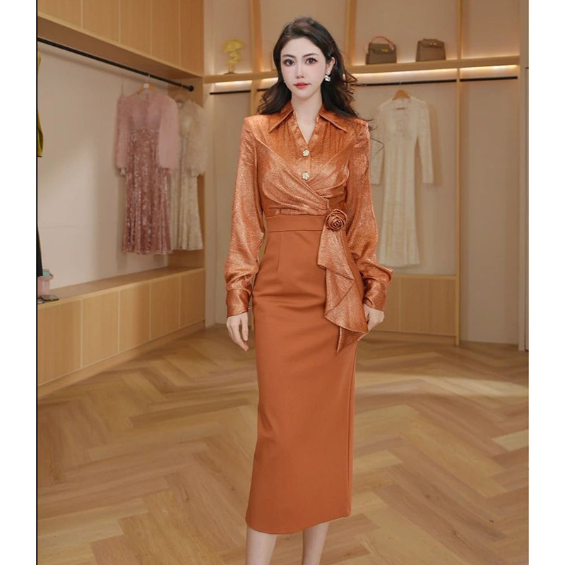 时尚轻奢设计感长袖衬衫连衣裙女翻领超好看气质修身职业包臀裙子