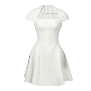 高腰a字连衣裙显瘦欧洲站方领韩版小个子短款赫本风仙气白色裙子