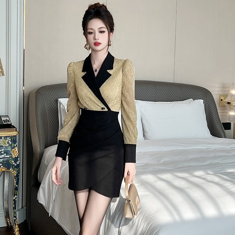 高腰短款包臀西装领衬衫裙子复古气场强大女装赫本风学院连衣裙女