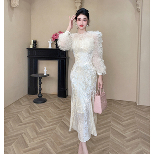 收腰圆领丝绒鱼尾修身连衣裙毛领气质重要场合精致中长款绝美裙子