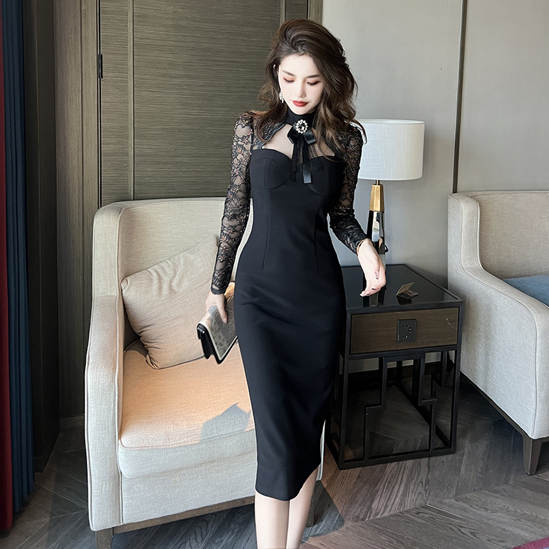 秋装气质女神范高级感女装冷淡风精致小黑裙蝴蝶结性感蕾丝连衣裙