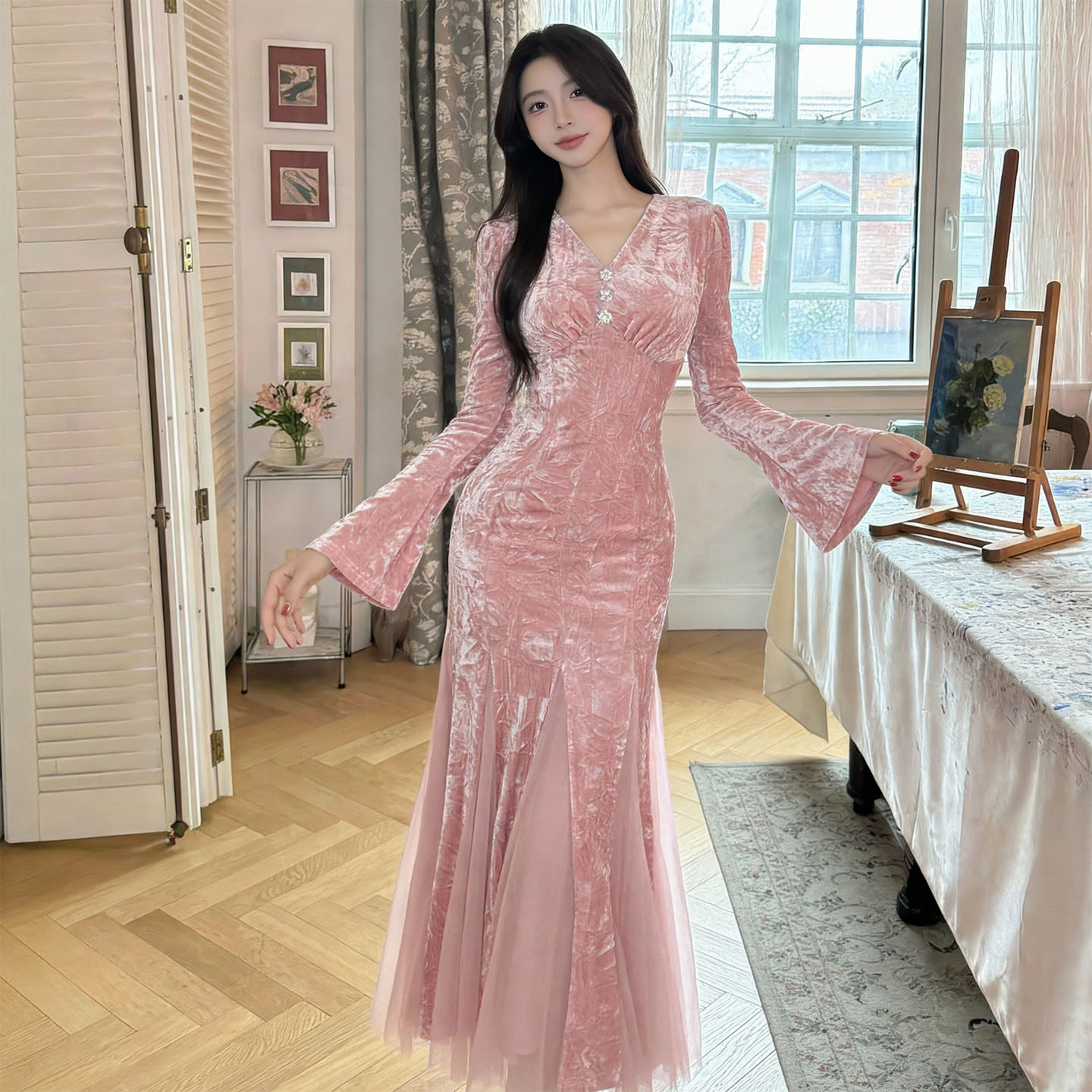 绝美V领修身显瘦丝绒礼服连衣裙网纱拼接高级感气质鱼尾包臀长裙