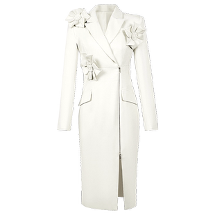 西装领立体花拉链收腰连衣裙秋装中长款白色开叉长袖通勤西服裙子