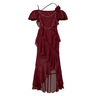 红色礼服裙子平时可穿成人礼高级感法式晚装气场强大一字肩吊带裙