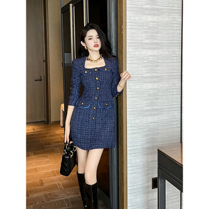 法式小香风a字连衣裙女装长袖御姐风职业收腰显瘦方领气质西装裙