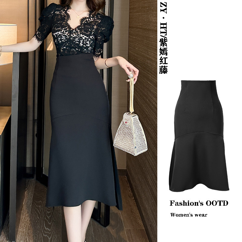 紫嫣红藤黑色包臀半身裙显瘦中长款不规则高腰开叉设计感鱼尾半裙