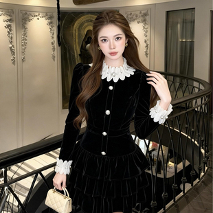 精致小个子穿搭黑色长袖连衣裙御姐风气质显瘦高级感a字蛋糕短裙