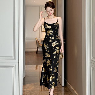 印花吊带连衣裙绝美修身黑色包臀鱼尾裙气质长款无袖背心裙女夏季