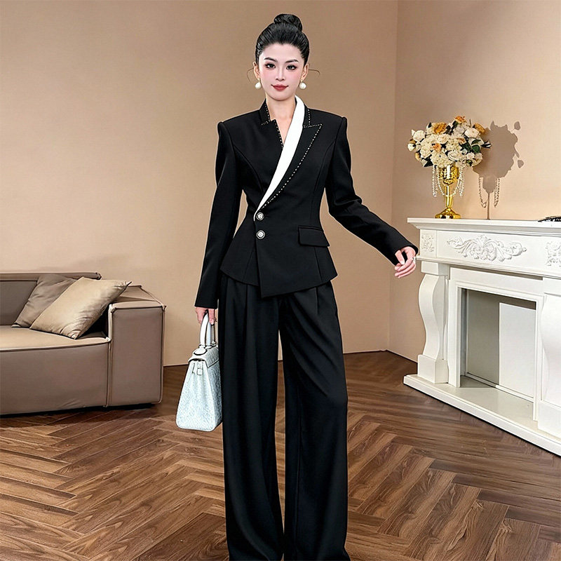 黑色斜肩领修身显瘦高级感西装外套时尚优雅气质通勤职业女装上衣