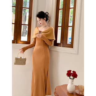 超好看针织连衣裙女秋季加厚打底裙名媛慵懒气质中长款修身毛衣裙