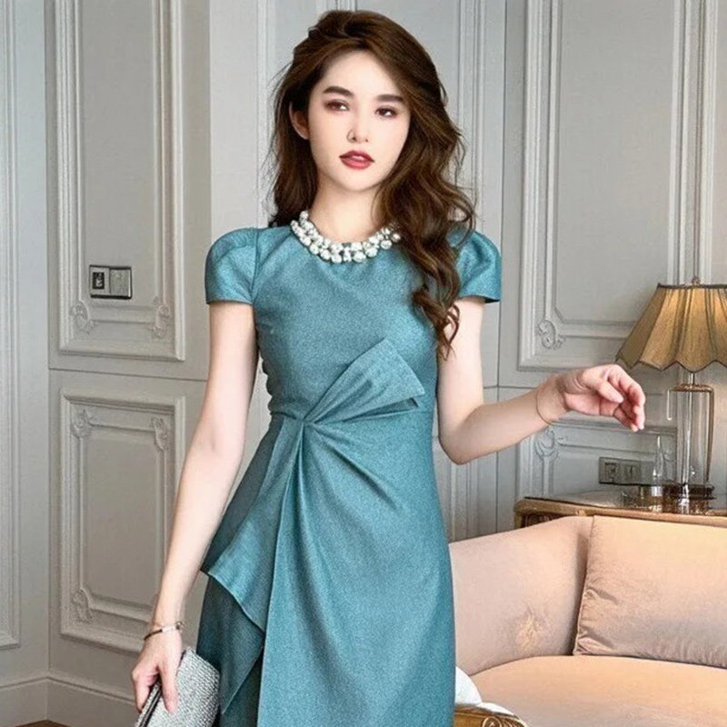 千金风珍珠圆领短袖连衣裙纯色系带生日宴会礼服法式洋气名媛短裙