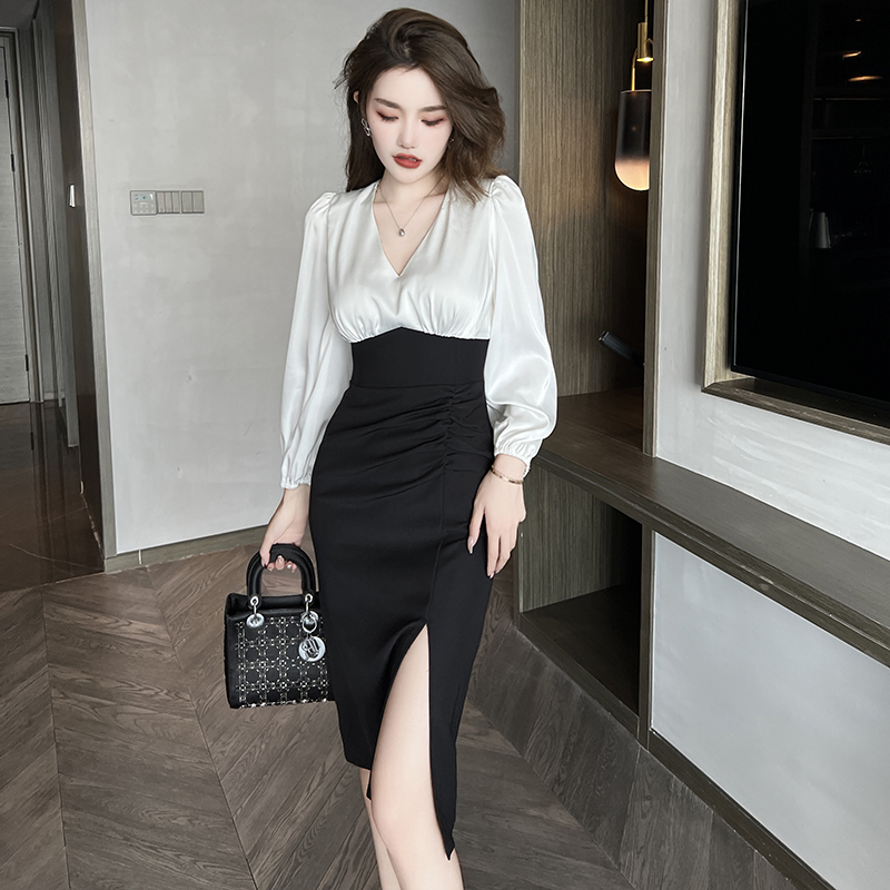 职业连衣裙女黑白假两件文秘职业装气质女神范时尚洋气时髦女装秋
