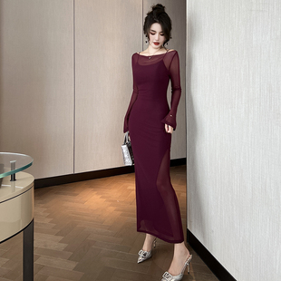 网纱一字肩性感连衣裙两件套2026秋款新款紫色气质高腰复古吊带裙