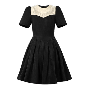 珍珠领拼接小黑裙短款蓬蓬裙赫本风设计师款重工富家千金连衣裙夏