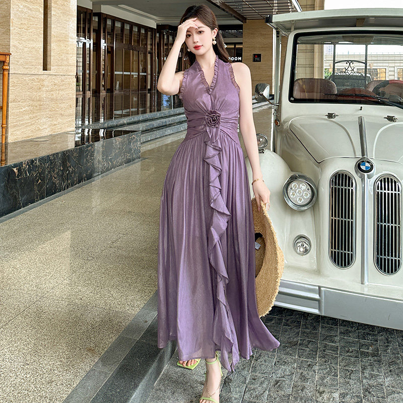 紫色洋气减龄连衣裙海边度假高级感茶歇V领荷叶边无袖显瘦长裙夏