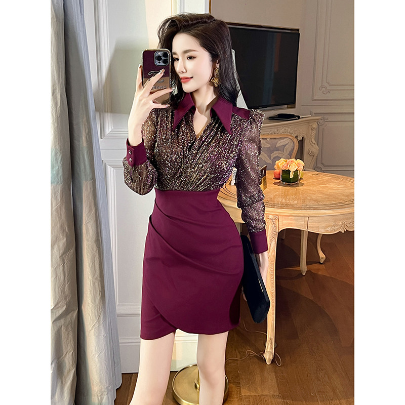 入秋连衣裙衬衫领收腰长袖赫本风紫色包臀短款气质长袖泡泡袖短裙