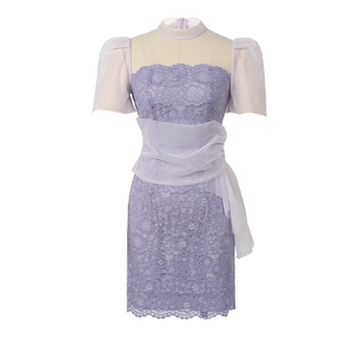 紫嫣红藤包臀连衣裙短款纱料飘带拼接设计感御姐风温柔风仙气裙子