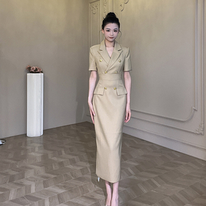 职业通勤收腰长款西装领连衣裙名媛气质女神范端庄大气修身长裙
