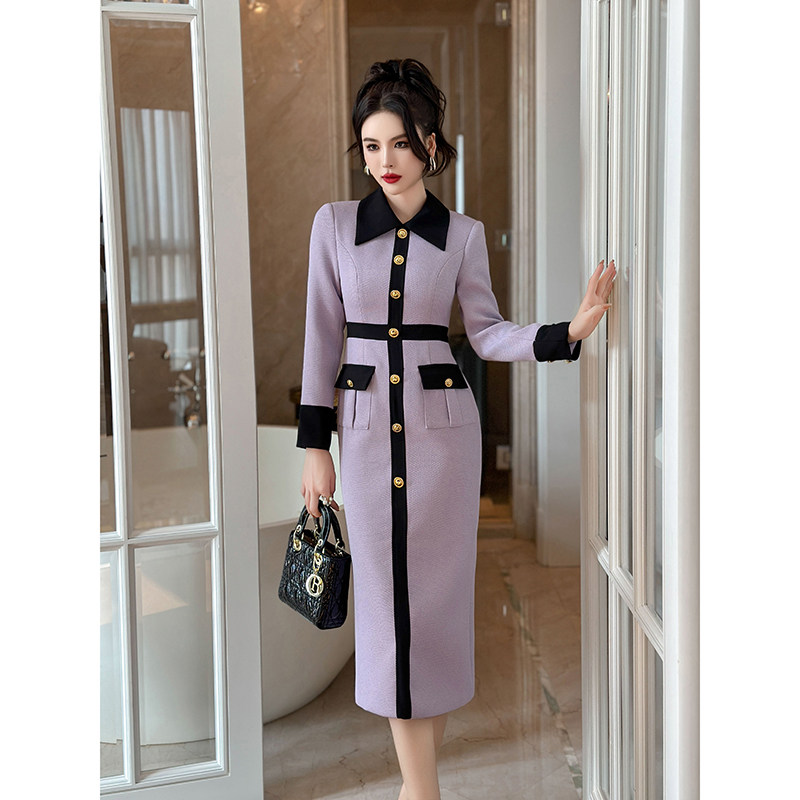 职业小香风毛呢连衣裙2026年秋季新款修身中长裙优雅气质衬衫裙子