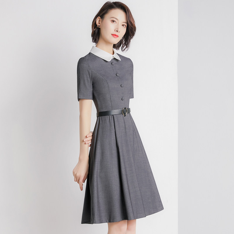 娃娃领短袖连衣裙夏季女新款文艺复古小众收腰半袖幼师园服OL裙子
