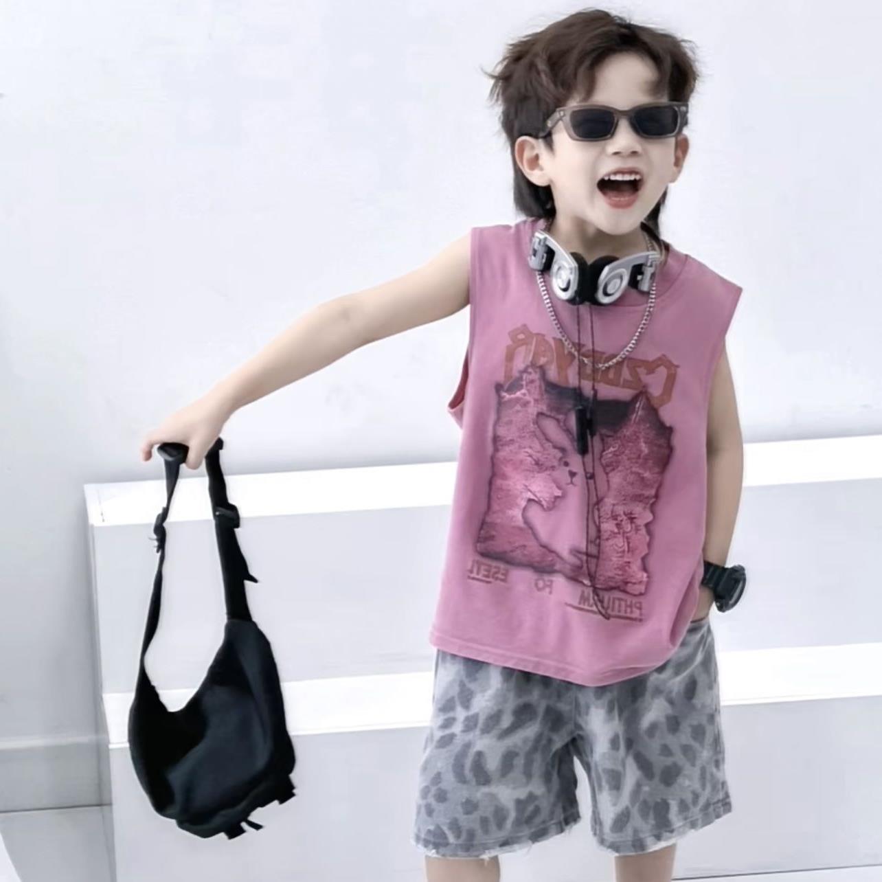 男童套装印花背心夏季潮酷豹纹牛仔短裤2025新款宝宝潮流韩版无袖