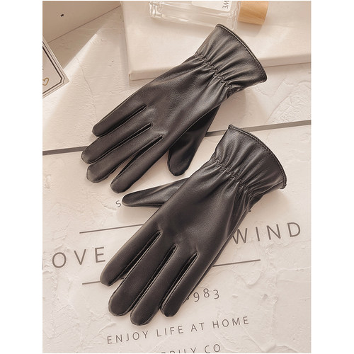 女士春秋天防寒加绒加厚皮手套