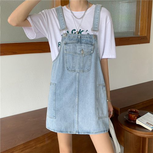 Real shot summer new large size women's denim suspender skirt loose student slim dress S-5XL200 catties