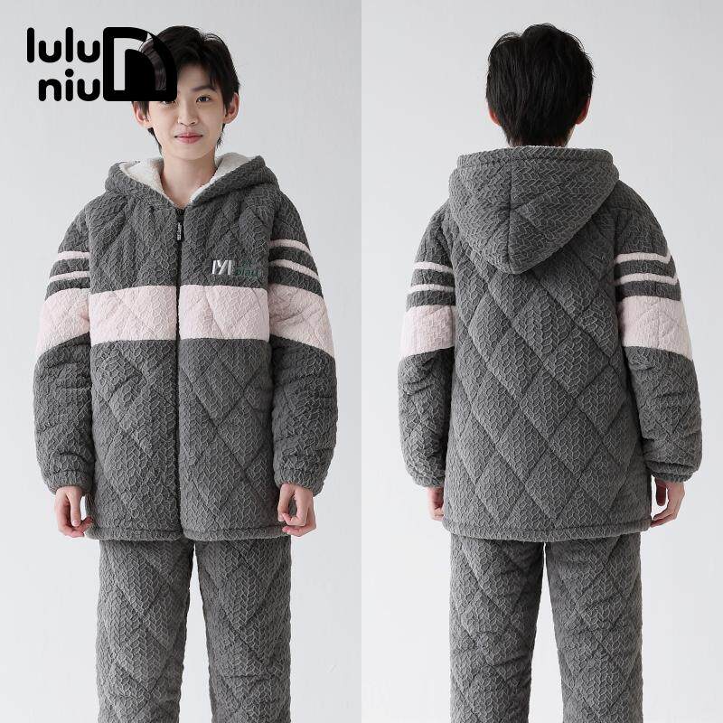 冬季法兰绒三层夹棉大童男童睡衣