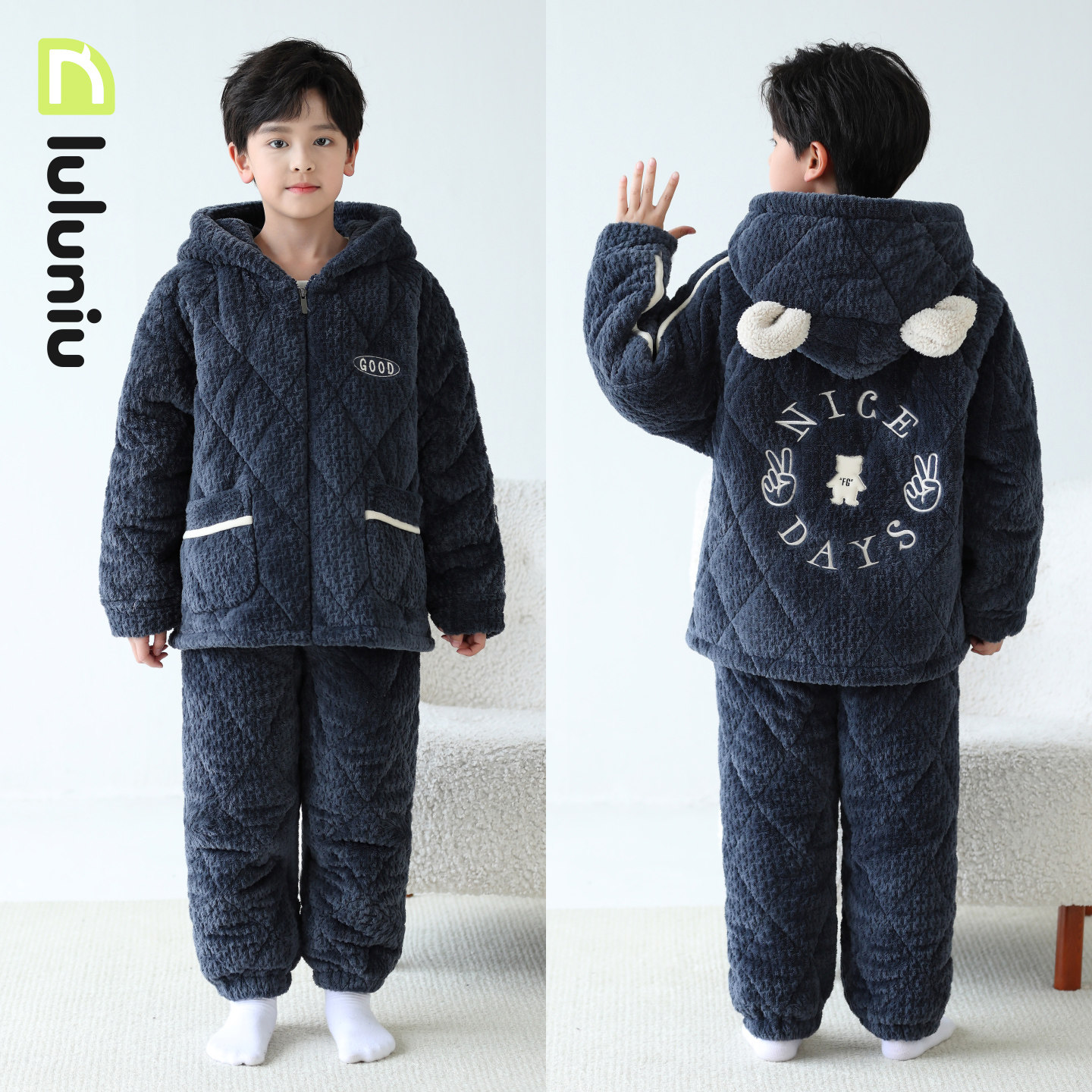 噜噜牛冬季男童夹棉睡衣法兰绒厚
