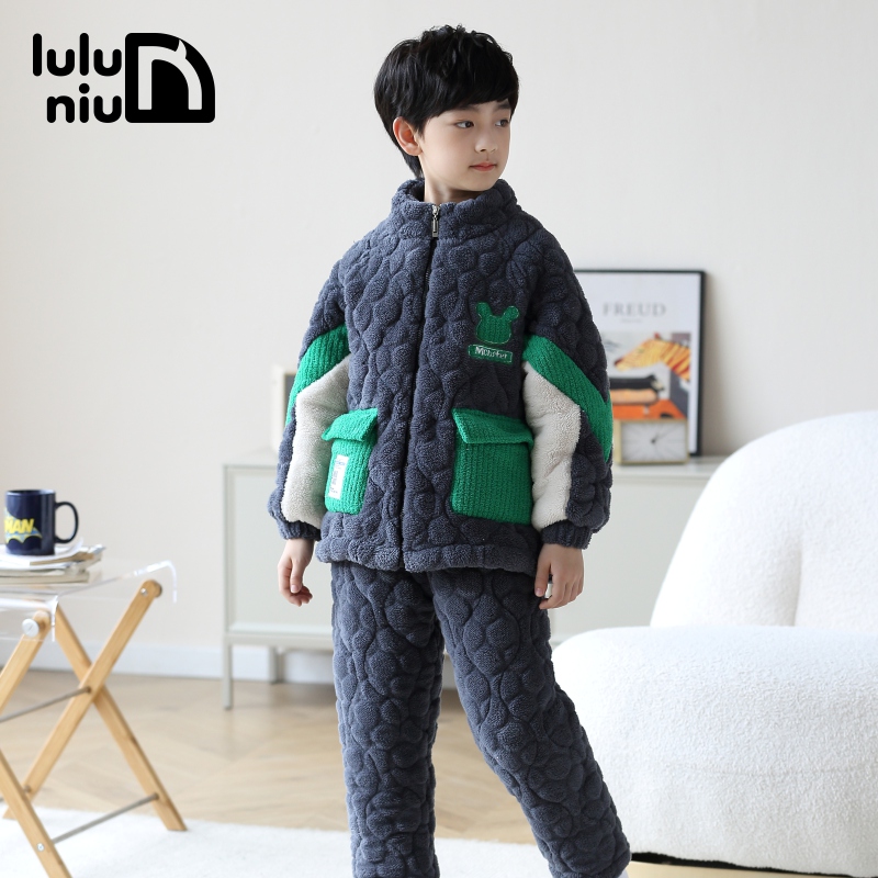 噜噜牛冬灯芯绒三层夹棉男童睡衣