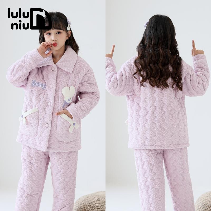 冬季女童睡衣法兰绒三层夹棉加厚