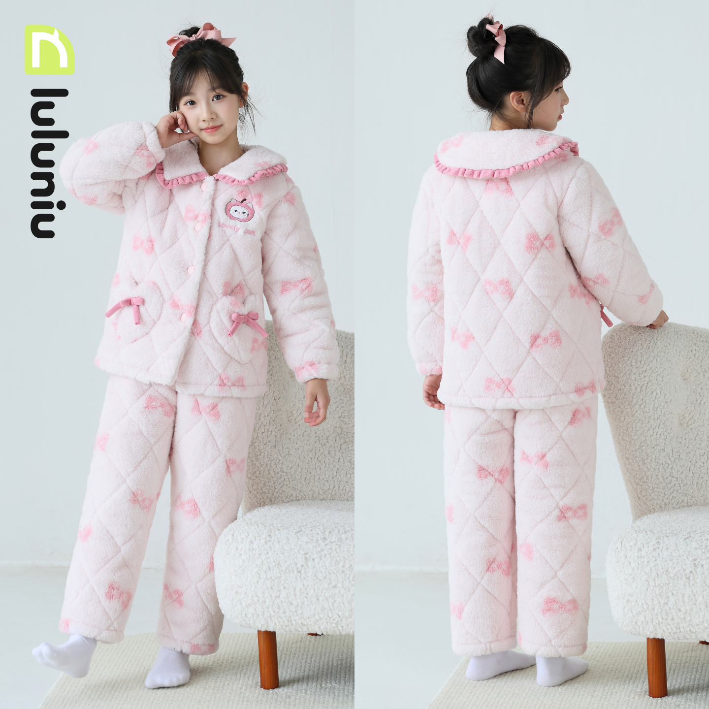 噜噜牛女童法兰绒三层夹棉家居服