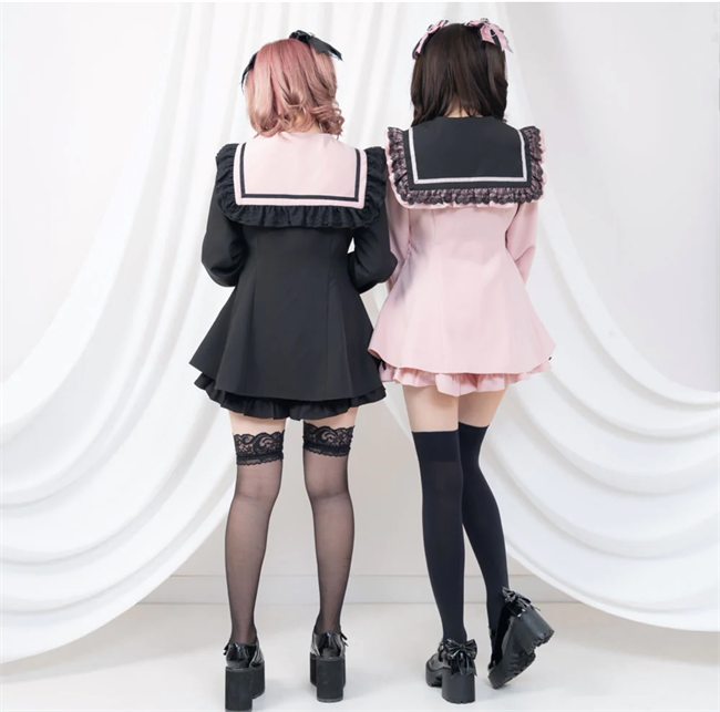 가을 겨울 지뢰 투피스 긴팔 슬림핏 허리 리본 곰팡이 가장자리 네이비 칼라가 있는 귀엽고 다재다능한 일본식 슈트